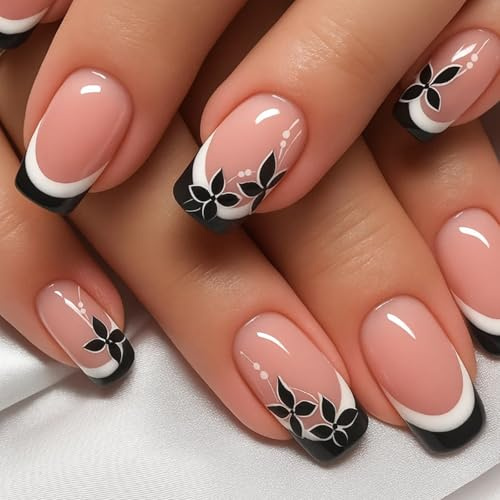 24 PCS Jet Black Press On Nails, Short Square Nude Pink French Tips | Black and white leaf accents, minimal floral monochrome nail art, for daily wear, work, parties and special occasions