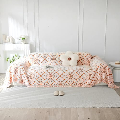 LiveGo Chenille AB-seitiger Schonbezug für Eck- und L-förmiges Sofa, weich, rutschfest, für alle Jahreszeiten, waschbar, Couchschutz für Hunde mit Quaste (AB Boho-Orange, 180 x 300 cm)