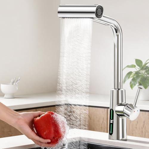 KAIYING Hochdruck Wasserhahn Küche Ausziehbar mit Temperaturanzeige | Batterielos Wasserfall Küchenarmatur Ausziehbar, 360° Schwenkbar Spültischarmatur Küche mit Vier Sprühmodi, Chrom