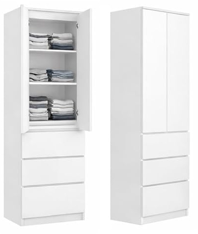 KUBUTKU Armadio multiuso con 3 cassetti, 3 scomparti e 2 ante per camera da letto, soggiorno o corridoio, 180,5 x 50 x 40 cm (bianco)