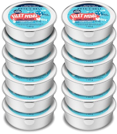 Pets Deli Junior Nassfutter für Katzen mit Filet Menü Thunfisch, 12x85g | Zarte Filets in Sauce für Kitten & Jungkatzen, mit Karotte & Distelöl, getreidefrei, ohne Zucker, Premium Qualität