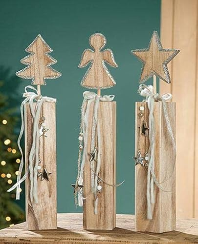 GILDE Holz Weihnachtssäule Glitter naturfarb./Silber,Engel,Stern,Baum 9+11+13L= 7 cm B= 7 cm H= 47cm cm