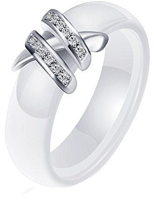 HIJONES Damen 6MM Weiß & Schwarz Keramik Ring Einfach mit Zirkonia Engagement Hochzeit Band Doppelt Weiß Größe 54