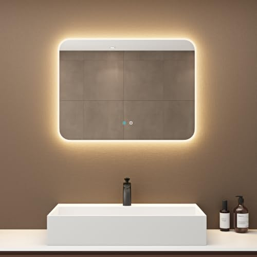 dopporo LED Badspiegel 80x60cm runden Ecken Wandspiegel Memory | Badzimmerspiegel mit Beleuchtung Spiegel mit Touch Schalter Antibeschlag Funktion Energiesparende Licht, LED-Spiegel-03