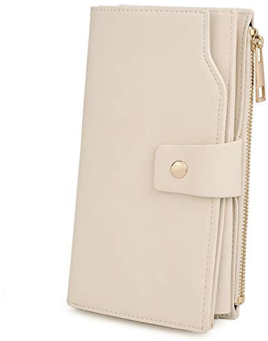 UTO Femme Portefeuille Porte-Cartes Blocage RFID Cuir Synthétique Dragonne Grande Capacité(21 emplacements de Cartes) Poche Intérieure Noir Convient aux Portables 5.5' Crème