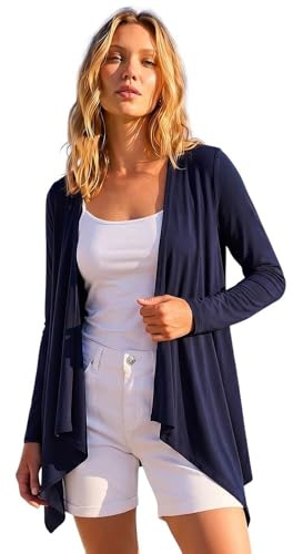 Roman Waterfall Cardigan for Women UK - Ladies Open Front Cardi Smart Casual Edge to Edge Daytime Everyday Summer Autumn Knitted Knitwear Long Sleeve Fashionable - Navy - Size 12