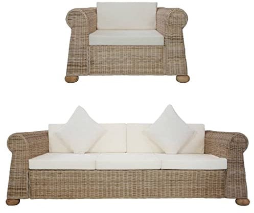 vidaXL Sofagarnitur 2-TLG. mit Auflagen Couch Sessel Sofa Loungesofa Sitzmöbel Wohnzimmersofa Rattansofa Couchgarnitur Designsofa Natur Rattan