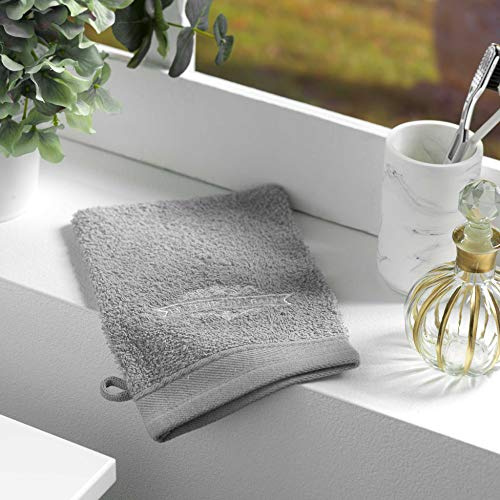 Douceur d'Intérieur, 2 Gants de Toilette (15 x 21 cm) Vintage Gris, Eponge Brodée