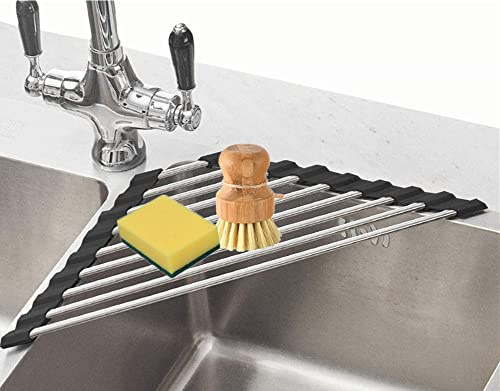 Fafcitvz Escurridor de platos triangular multiusos enrollable para fregadero de esquina de acero inoxidable sobre el fregadero, escurridor de platos para cocina (negro)