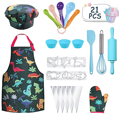 Anpro Children's Cooking Baking Set Role-Plays for Kid Aged +6, Blue Dinosaur Theme Chef Hat Gloves Apron, Cookie Mold Set,Toys for Boys and Girls…