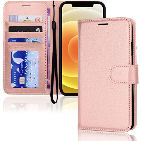 TECHGEAR iPhone 12 Mini Leather Wallet Case, Flip Protective Case Cover with RFID Wallet Card Holder, Stand and Wrist Strap - Rose Gold PU Leather with Magnetic Closure Designed for iPhone 12 Mini