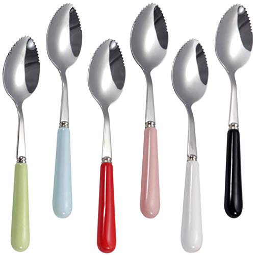 Goeielewe Lot de 6 cuillères à pamplemousse avec bords dentelés ronds, cuillères dentelées en acier inoxydable avec poignée en céramique multicolore, kiwi, pomme, agrumes, dessert (argent)
