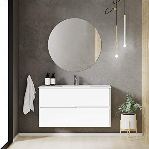 Baikal Mueble de baño Gavin, 2 cajones, suspendido en Pared. Incluye Lavabo cerámico. Varios Acabados. Se Entrega Montado. con Espejo 100 cm Blanco