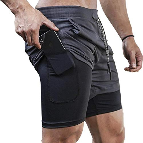MANLUODANNI Herren Running Shorts, 2 in 1 Shorts Men Laufshorts Fitness Sporthose Kurz Jogginghose Schnelltrocknende Laufhose mit Taschen Reißverschlussfach Dunkelgrau 2XL