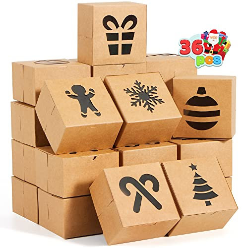 JOYIN 36 Pcs Weihnachten Keks-Boxen, braun Kraft behandeln Boxen mit Fenster 4 x 4 x 2,5 Bäckerei Geschenk Warpping Box für Weihnachten Urlaub Party Gebäck, Cupcake, Cookies Donuts Geschenk-Giving