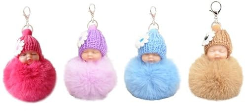 Select Zone Schlüsselanhänger Bommel 4 pcs Schlafende Babypuppe Keychain Plüsch Anhänger Mini Baby Puppe Keychain | Handtasche Anhänger | Flauschige Auto Schlüsselanhänger