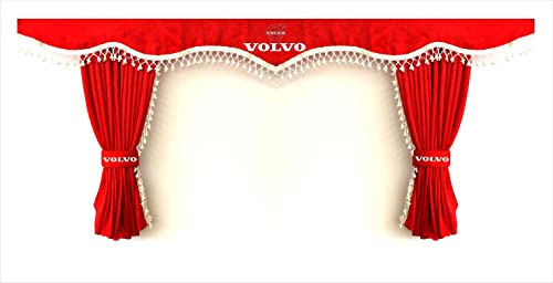 Juego completo de cortinas de dormitorio para camión con pompones blancos y ganchos. Con logotipo VOLVO. ROJO.