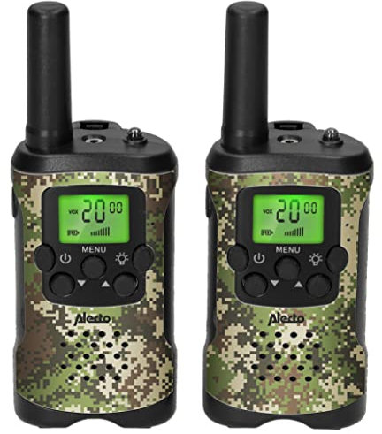 Alecto FR-115 - Set von Zwei Walkie Talkies - Reichweite bis zu 7 Kilometer - 8 Kanäle - integrierte Taschenlampe - beleuchtetes Display - Camouflage