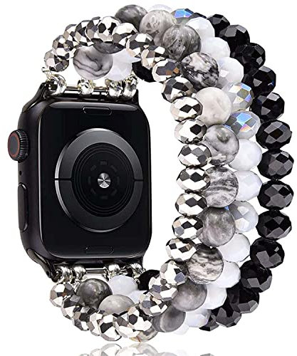VISOOM Compatible with Apple Watch Straps 40mm/38mm/41mm Series 8/7/6/SE/5/4 Women Beaded Bracelet Fancy Dressy Elastic Stretchy Handmade Replacement Wristband iWatch Band Series 3/2/1(Black)