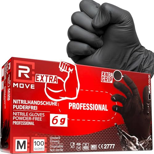 R MOVE Lot de 100 gants en nitrile noirs 6 grammes extra résistants 60% d'épaisseur de plus au doigt que 3,5 g, sans poudre sans latex pour mécaniques, tatoueurs, restauration, gants jetables (M)