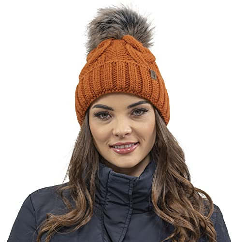 VIVISENCE Wintermütze Mit Bommel Damen Perfekte Passform Warmes Strickmütze Herbst Frauen Mütze Für Winter Aufgerolltem Design Für Extra Wärme Ideal Für Kalte Wintertage Modell, Orange,Einheitsgröße