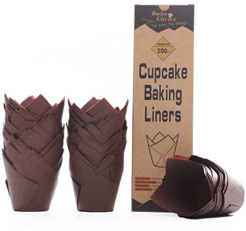 Caissette Muffins Papier Tulipe,200 pièces Standard,Moule Muffins Papier Brun,Parchemin Européen & Anti-adhésif, pour Cuisson Desserts/Fêtes/Noël/Anniversaires/Pâtisserie,Taille Standard