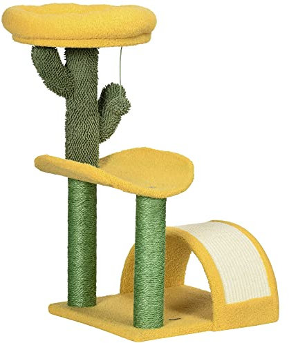 PawHut Árbol Rascador para Gatos de 72 cm Torre para Gatos Centro de Actividades para Gatitos con Cama Poste de Sisal Rascadora Curva y Bola Colgante 40x35x72 cm Amarillo