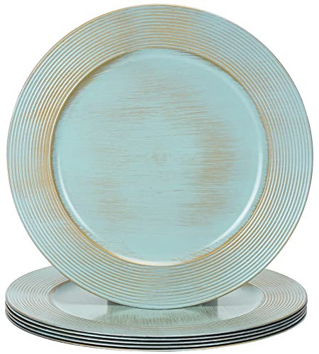 Kazozobi Runde Platzteller, 33 cm, 6 Stück, Ringmuster, Kunststoff-Ladegeräte für Speiseteller, Vintage-Ladeteller-Set, Hochzeit, Türkis