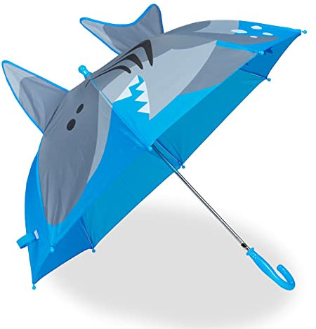 Relaxdays Regenschirm Kinder, 3D Motiv Hai, Kinderregenschirm Junge & Mädchen, Ø 78 cm, Kleiner Stockschirm, blau/grau