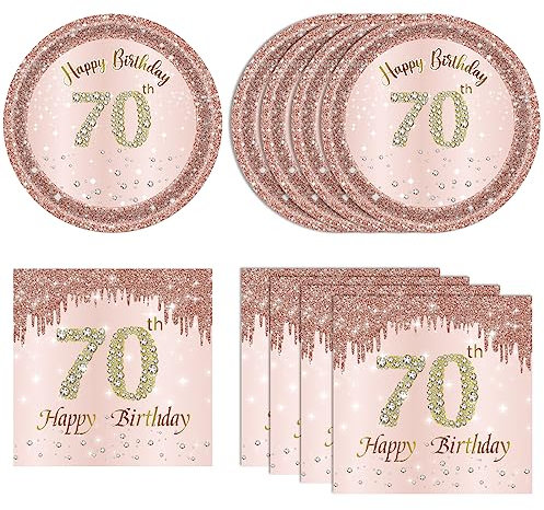 KHAIVI 70th birthday decorations for women, 70th birthday decorations, rose gold plates and napkins, 1953 birthday decorations, disposable tableware for party