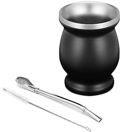 gvivej Mate Becher Wärmedämmung für Meisten Getränke - 230ml Schwarz Mate Tee Set mit Strohhalm und Bürste - MateTee Kaffee Milch Saft