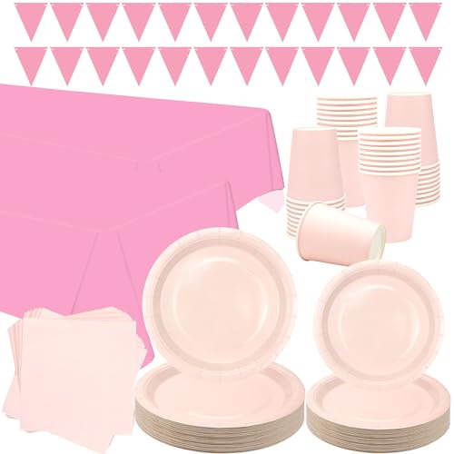 LSJDEER Pink Party Tableware Supplies - Serves 40, Pastel Decoration Dinnerware Plates, Cups, Napkins, Banner, Tablecloth for Wedding Birthday Baby Shower (40)