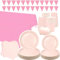 LSJDEER Pink Party Tableware Supplies - Serves 40, Pastel Decoration Dinnerware Plates, Cups, Napkins, Banner, Tablecloth for Wedding Birthday Baby Shower (40)