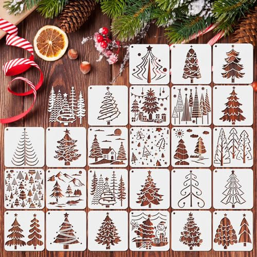 MWOOT 25 Stück Weihnachts Schablonen Stencils Set, Wiederverwendbares Malerei Vorlage Bemalen, DIY Christmas Schablone zum Malen an Wand, Geschenkkarte, Kleidung, Partygeschenke Dekoration (7.6x7.6cm)