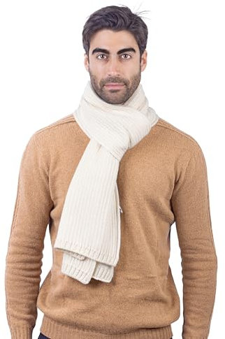 CLASSE77 - Sciarpa lavorata a maglia in lana - Stile maglia inglese a coste - Unisex - Artigianale, Made in Italy (Panna)