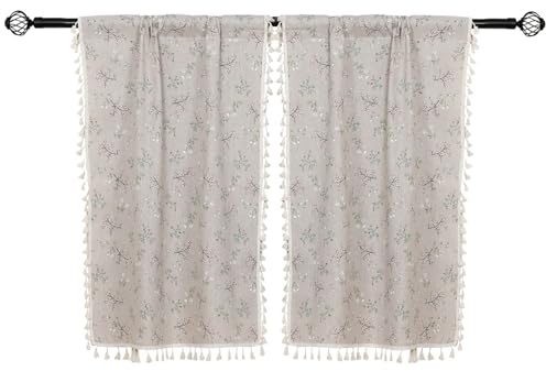 Moslovstar 2 Paneele Leinenvorhänge mit Quasten im Landhausstil, kleines Gras und Blumen, Vintage, halbtransparenter Fenstervorhang für Küche und Bad, 66 x 115 cm, Stufenvorhang