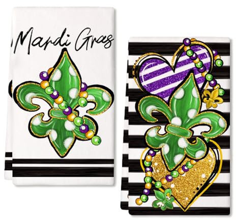 ARKENY Mardi Gras Küchentücher, Set mit 2 grünen Lilien, weiße gepunktete Perlen, Geschirrtücher, 45,7 x 66 cm, Geschirrtuch, Bauernhaus, Karneval, saisonale Feiertagsdekorationen AD263