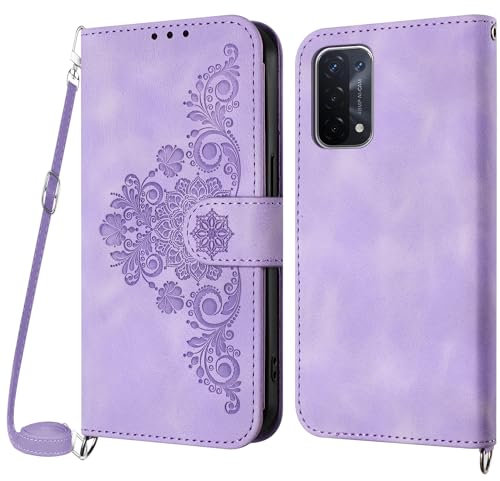 Netany Coque pour Oppo A74 5G / A93 5G / A54 5G avec Cordon, Etui avec Cordon Collier, Etui Portefeuille Protection Housse en Cuir PU avec [Bandoulière Réglable] Lanyard Case Cover (Violet)