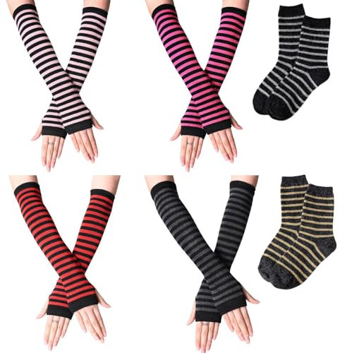 AYNKH 4 Paar gestreifte lange fingerlose Handschuhe für Damen, gestrickt, dehnbar, Armstulpen, Handgelenk, Daumenloch, Herbst-Winter-Zubehör mit 2 Paar Socken für Damen und Mädchen, Schwarz , One size