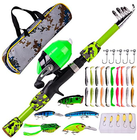 Joyeee Kinder-Angelruten-Set, mit tragbarer Teleskop-Angelrute und Rolle, Kombi-Set für Jungen, Mädchen, Kleinkinder, Jugendalter, Anfänger, kleine Kinder, Junior-Angler, Grün