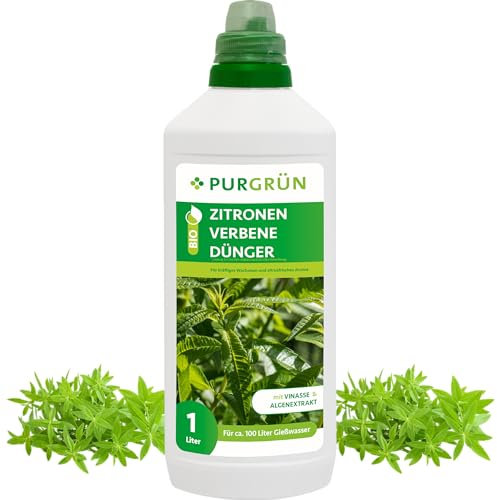 Purgrün® Bio-Zitronenverbene-Dünger | Organische Rezeptur | Premium-Flüssigdünger | NPK 4+1+7 | Mit Algenextrakt & Vinasse | Extra Kalium für aromatische Zitronenverbene | 1 Liter