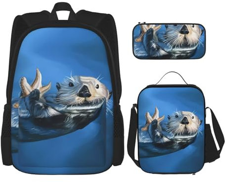 TRUKD Rucksack für Studenten, Sea Otter-Tasche für Schule, Jungen, Mädchen, Tagesrucksack, Federmäppchen, Lunch-Tasche, Kombination, Seeotter, Einheitsgröße, Tagesrucksack, TD-SJB11545