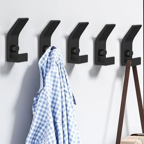 Bosdontek Black Coat Hooks - Heavy Duty Wall Mounted with Fixing Screws, Dual Hooks for Hanging Robe, Towel, Backpack (5 Pack)