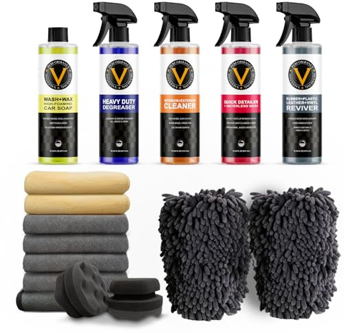 VPD Startlinien-Set – komplettes Autopflege-Set mit Hochleistungs-Fettschmierer, Wasch- und Wachs, Quick Detailer, Innen- und Außenreiniger, Gummi-Vinyl-Kunststoff-Reviver, Mikrofaser-Handtücher,