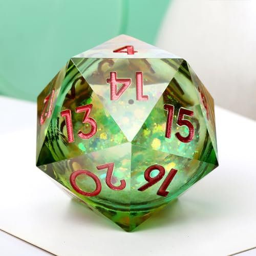 Spindown D20-Würfel, 33 mm, DNDND Glitzer und Pailletten, flüssiger Kern, D20-Würfel mit wunderschöner Geschenkbox für Dungeons und Drachen, Grün und Orange