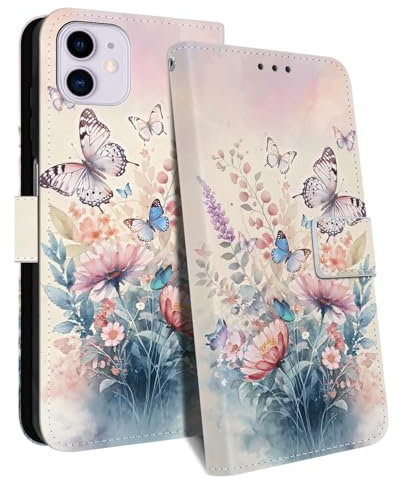 HopMore Case for iPhone 11 Case, PU Leather Phone Case Protective Flip Case Magnetic Closure Cover with Card Slot Kickstand Wrist Strap Pattern Case for iPhone 11, C Colorful Butterfly