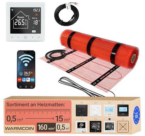 Elektrische Fußbodenheizung Heizmatten-Set mit WLAN-Thermostat 0,5 m² | Digital & smart per App, Touchscreen, WiFi; Elektro-Flächenheizung 160 W/m², selbstklebend, Bodenfühler; für Fliesen