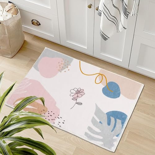 TUKDAK Pink Door Mat Indoor Washable,Small Doormats,Soft Low Pile Faux Wool Front Door Mat,Non-slip Entrance Rug,Boho Botanical Print Floor Rug,Floor Carpet Kitchen Laundry Bedroom (Pink, 40x60cm)