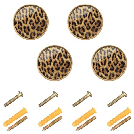 Lyeorm Leopard Print Cabinet Knobs 4 Pack 1-1/4 inch Round Kitchen Drawer Pulls Door Handles Knobs for Dresser