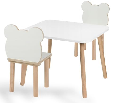 PlayPals Furniture Kindertisch mit 2 Stühlen- Kinder Tisch Stuhl Set aus Holz, 50x 60 cm- Kindersitzgruppe,natürliche Sitzmöbel für Kinder- Kinderstuhl-Set